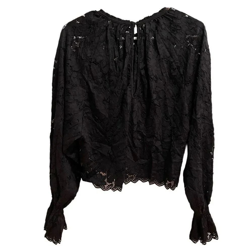 Free People Blouse Womens XS Olivia Lace Black Romantic Blouson Sleeve Dark Fair